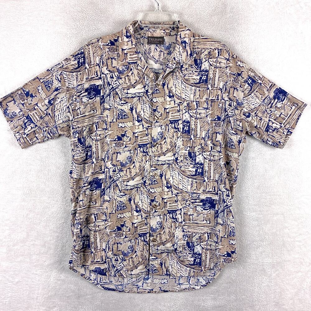 VTG Triumph of California Shirt Mens L Beige Blue Rayon Camp Preppy 80s USA